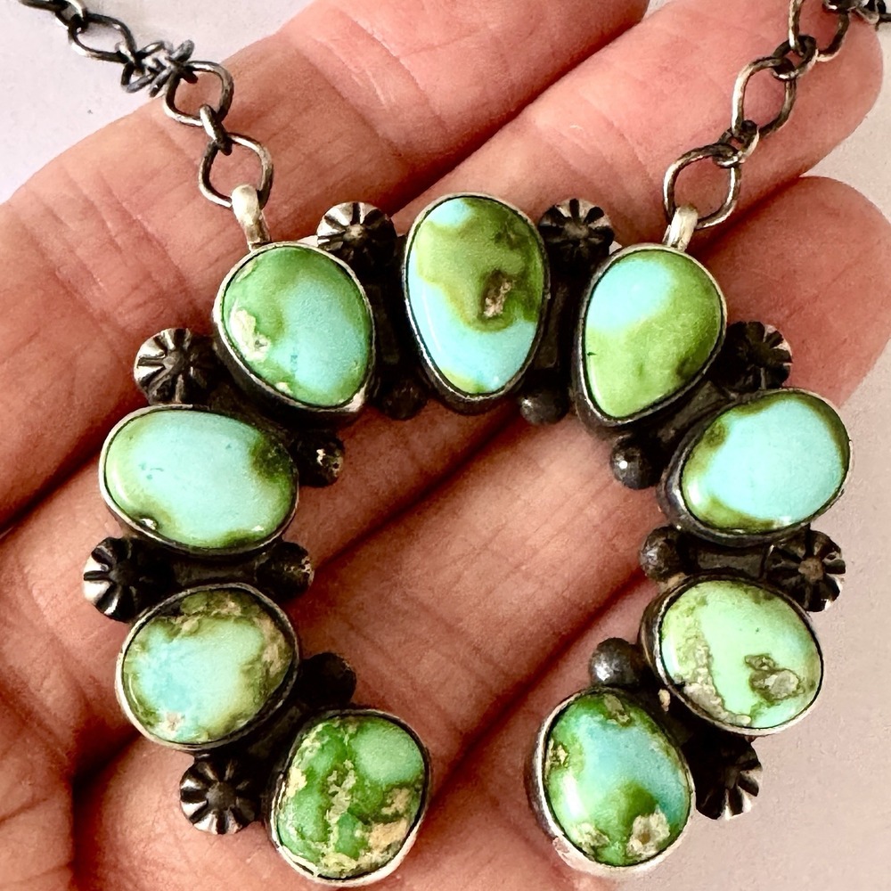 Navajo Naja Necklace Turquoise 18" Skeets Sterling Adjustable Squash on Chain - Picture 2 of 8